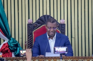 Siteny Randrianasoloniaiko, nouveau PAN, tout sourire sur le perchoir de l'Assembl&eacute;e nationale.