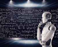Un robot humanoïde devant des formules scientifiques